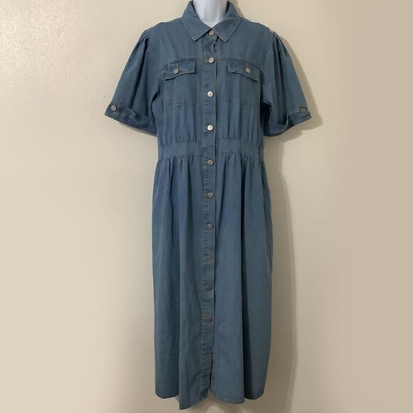 Vintage Blue Denim Retro Button Up Western Cowgirl Country Casual Midi Dress XL - Picture 1 of 7